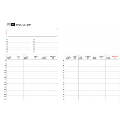 Organisation sur deux pages de l'agenda daté taille S de La Compagnie du Kraft