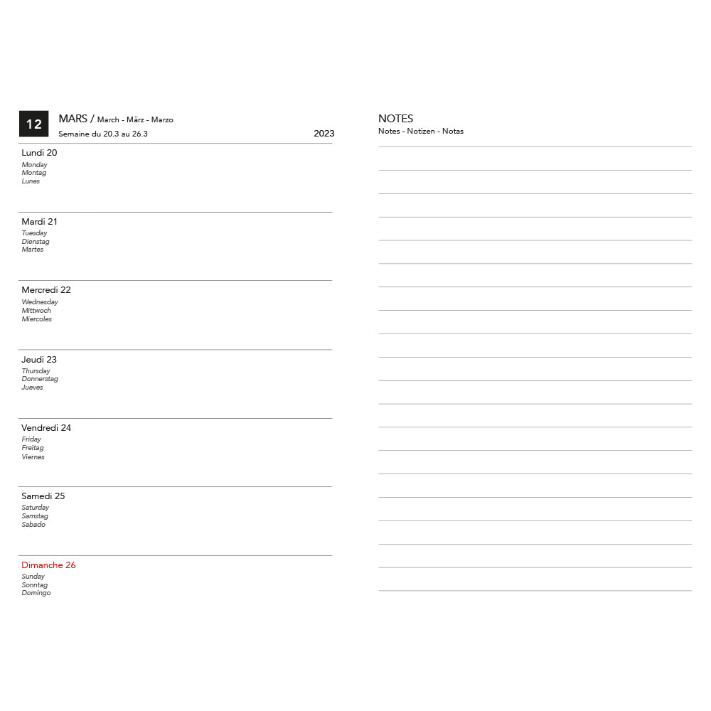 Organisation sur deux pages de l'agenda daté taille S de La Compagnie du Kraft